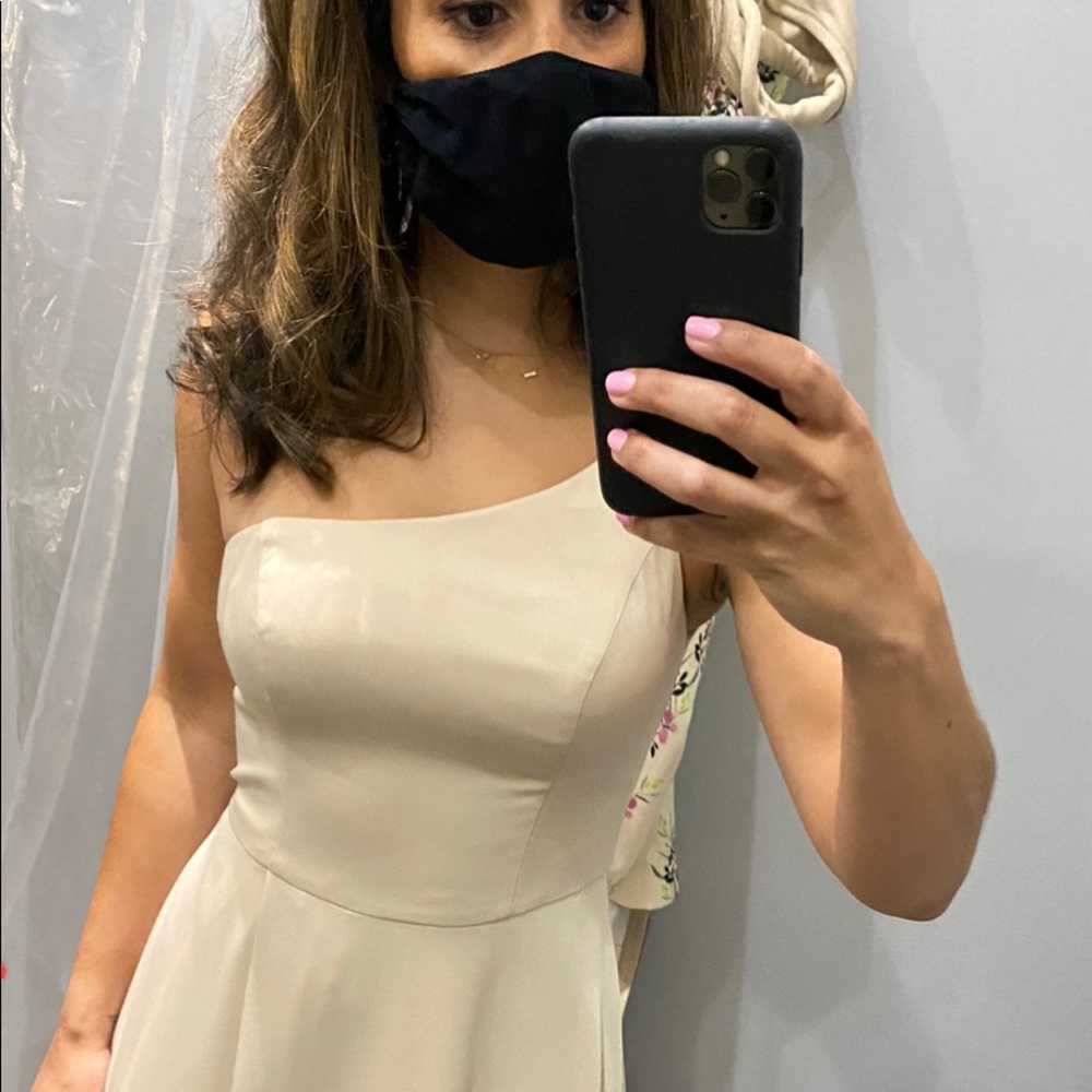 One shoulder champagne dress. Worn 1x for wedding